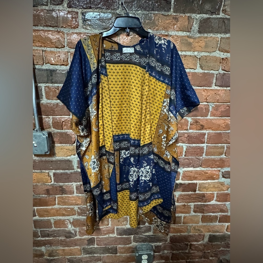 Free People Yellow Gold and Blue Kimono Size One Size